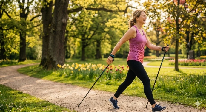 femme pratiquant la marche nordique
